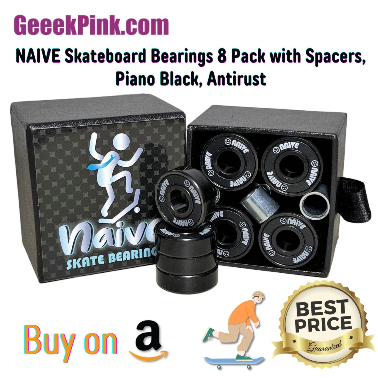 Naive Skateboard Bearings 8 Pack with Spacers, Piano Black, Antirust, Save More in Amazon,B0BPBTS4P2