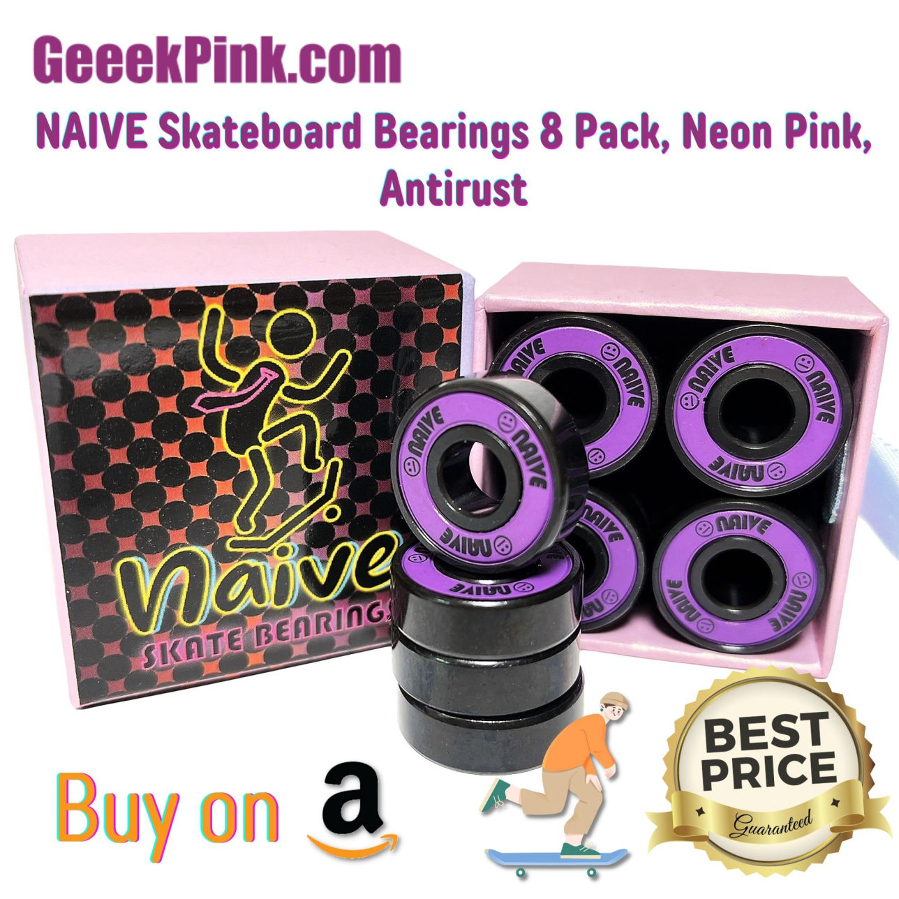 NAIVE Skateboard Bearings 8 Pack, Neon Pink, Antirust, Great Choice in Amazon, B0BPBYN7Y3