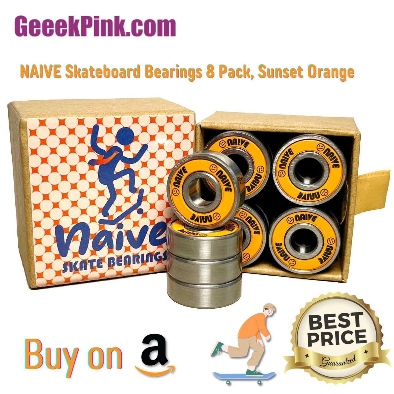 NAIVE Skateboard Bearings 8 Pack, Sunset Orange, Best Price in Amazon, B0BP9NRJNL